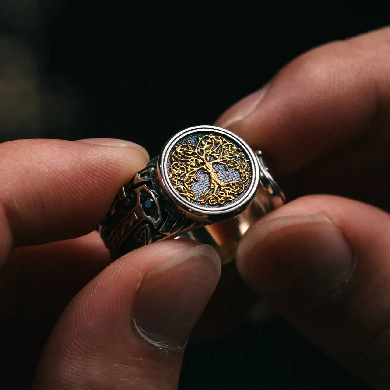Yggdrasil Guardian Ring – Sterling Silver, Gold & Sapphire