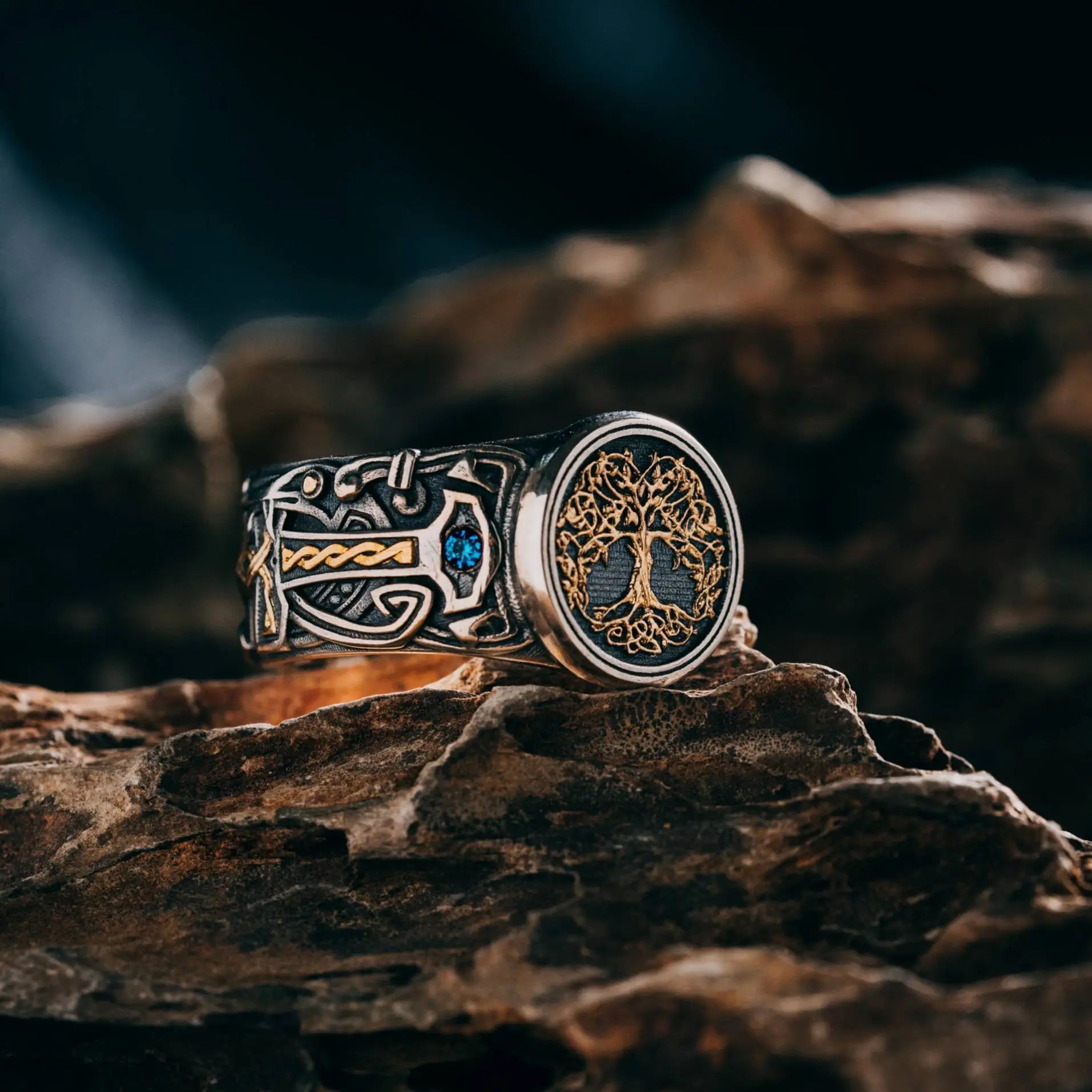Yggdrasil Guardian Ring – Sterling Silver, Gold & Sapphire