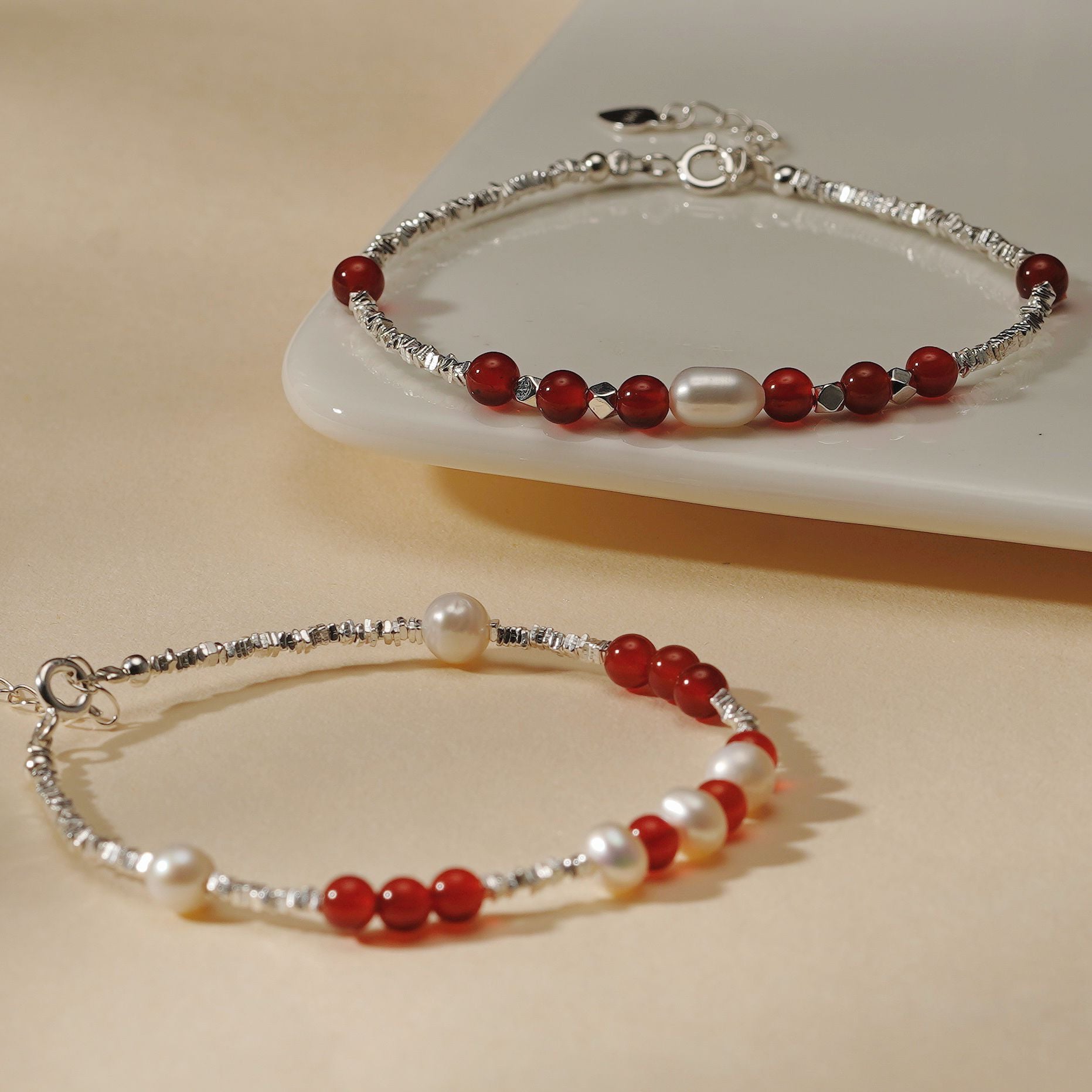 Ethereal Pearl and Crimson Agate Bracelet