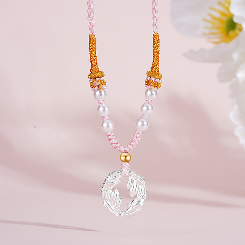 Pink Cord Pisces Necklace with Koi Design – Handcrafted S925 Silver Pendant Symbolizing Good Fortune and Luck