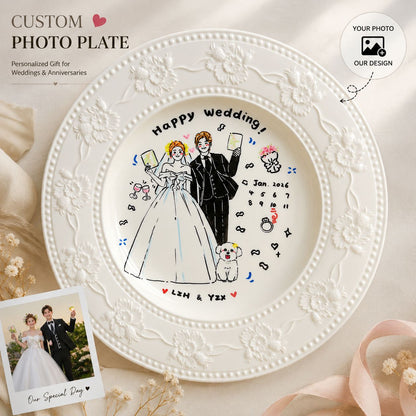 Custom Hand-Drawn Style Photo Plate – Personalized Wedding & Anniversary Gift