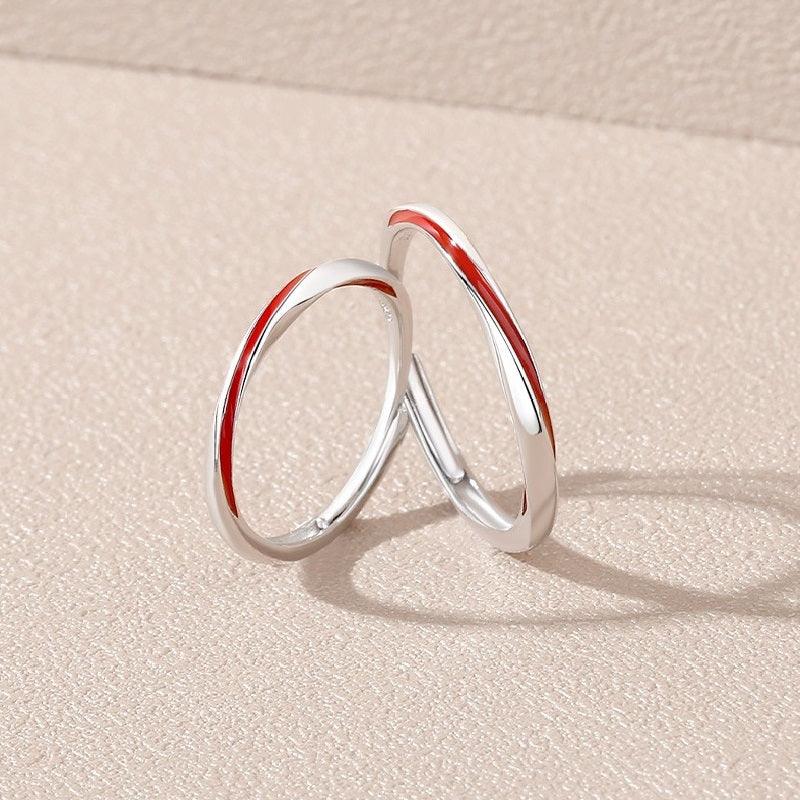 Möbius Couple Rings in White Gold with Red Thread Enamel Design