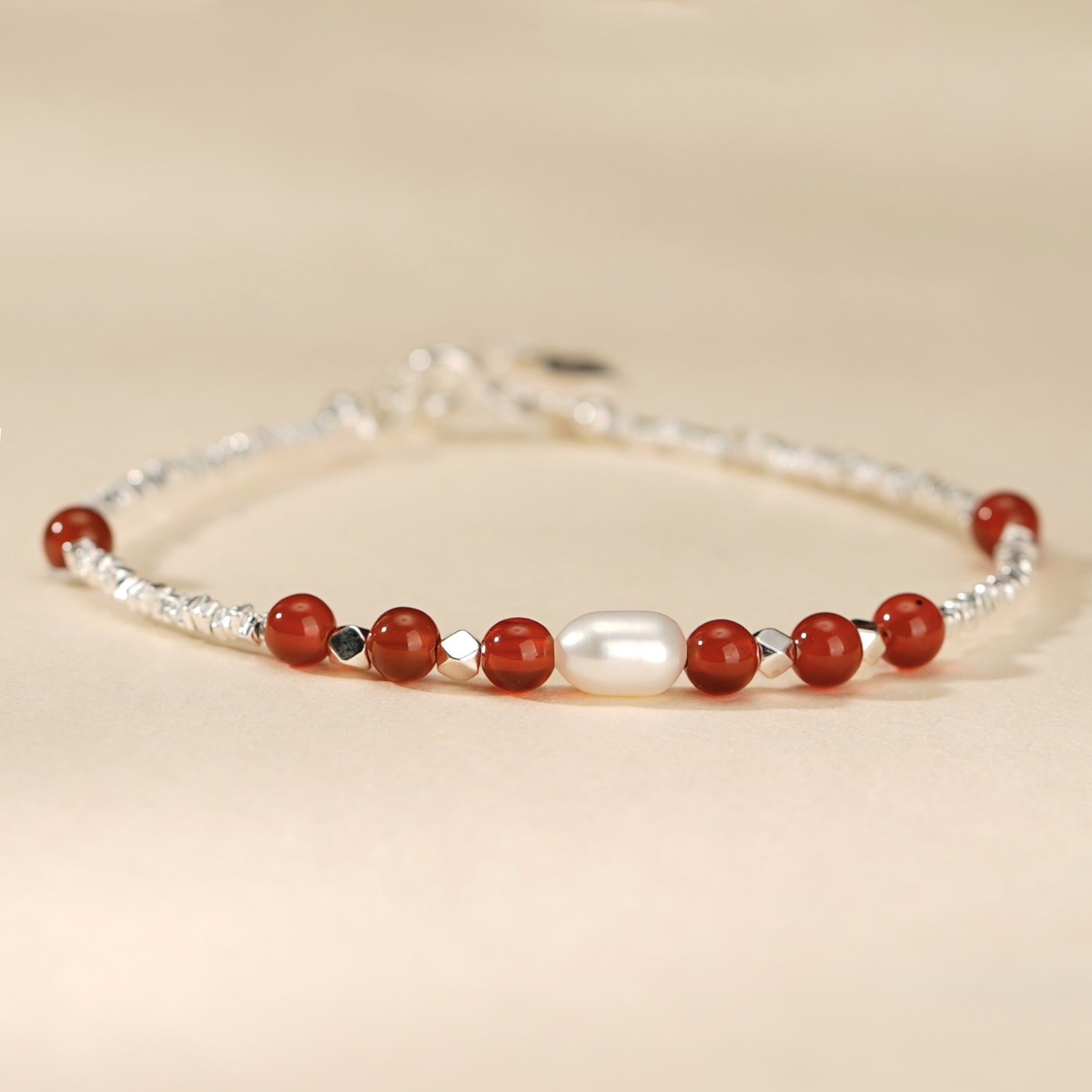 Ethereal Pearl and Crimson Agate Bracelet